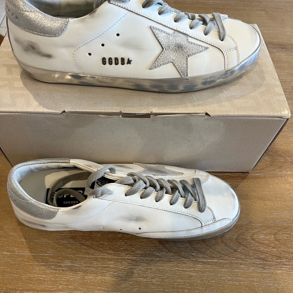 Golden Goose White and Silver Distressed Sneakers